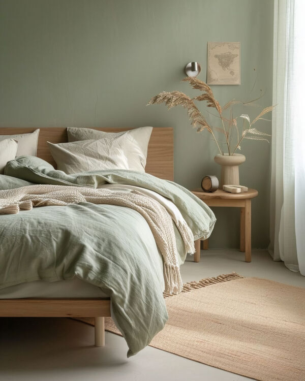 combine green and beige in the bedroom